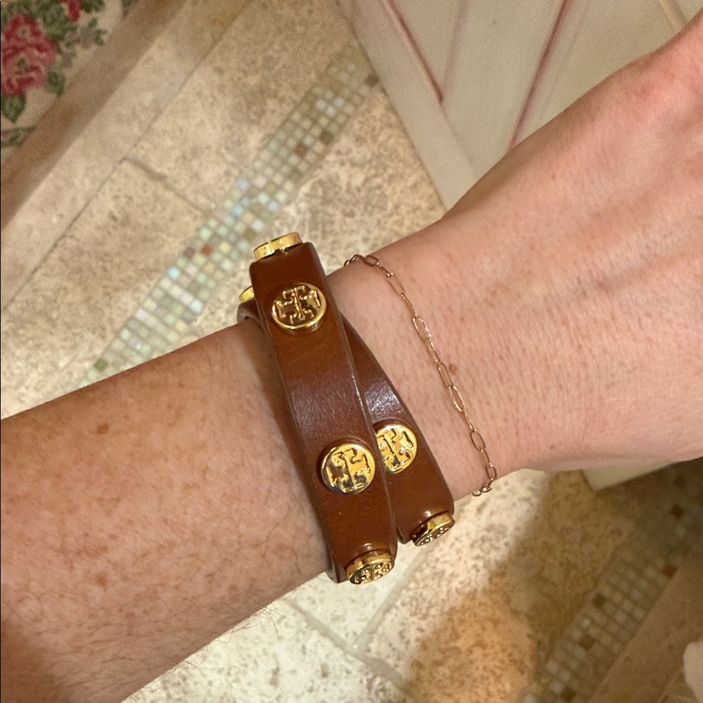 Tory Burch Brown Leather Wrap Bracelet with Gold Accents